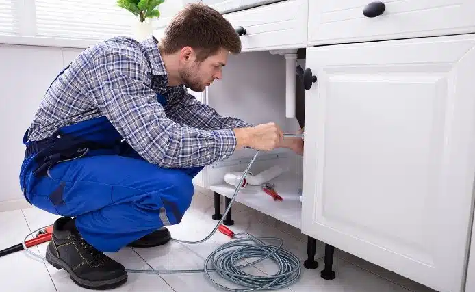 A plumber performing drain cleaning under a sink