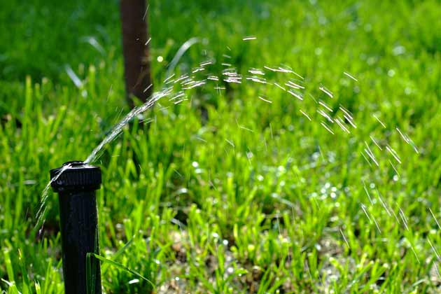 A sprinkler spraying water onto grass